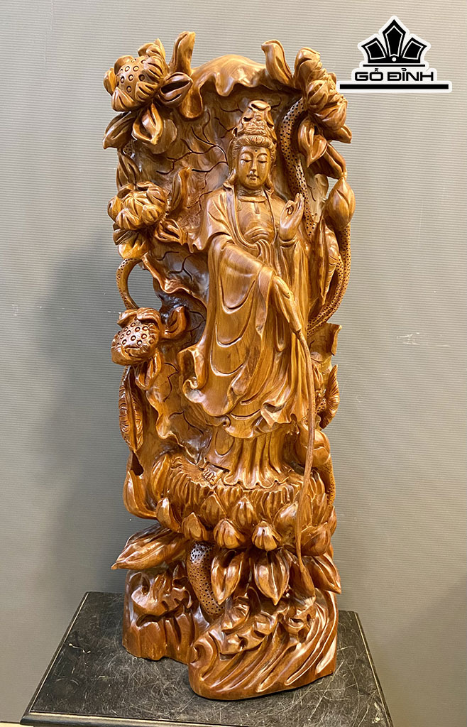 Tượng Quán Thế Âm Bồ Tát Gỗ Ngọc Am Cao 84 Ngang 32 Sâu 23 (cm)