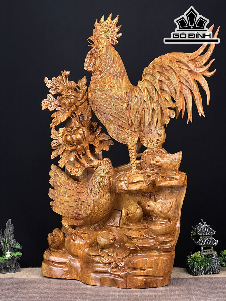 Tượng Gia Đình Gà Gỗ Hương Cao 82 Ngang 59 Sâu 22 (cm)