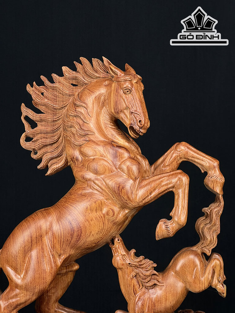 Tượng Song Mã Quần Tùng Gỗ Hương Cao 60 Ngang 38 Sâu 16 (cm)