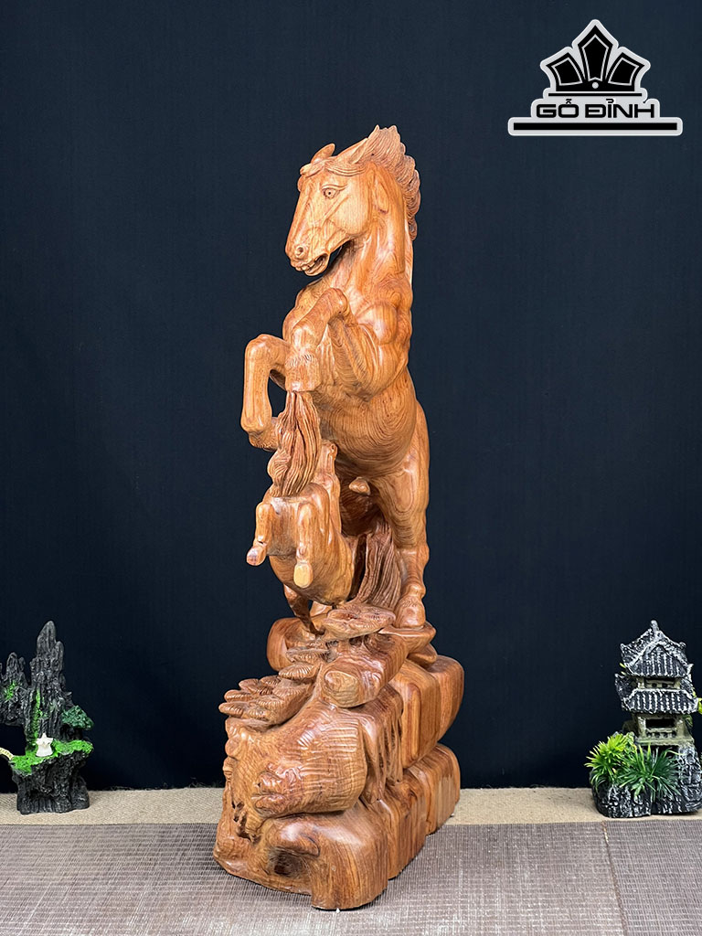 Tượng Song Mã Quần Tùng Gỗ Hương Cao 60 Ngang 38 Sâu 16 (cm)