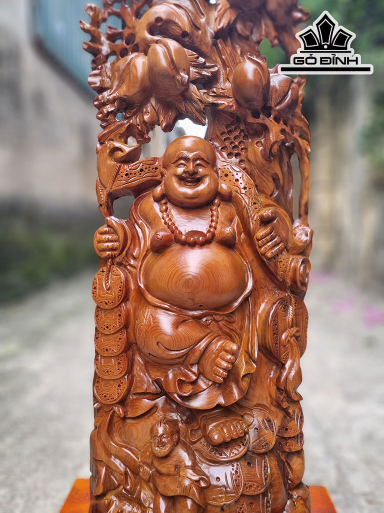 Tượng Phật Di Lặc Vác Cành Đào Gỗ Ngọc Am Cao 97 Ngang 31 Sâu 16 (cm)