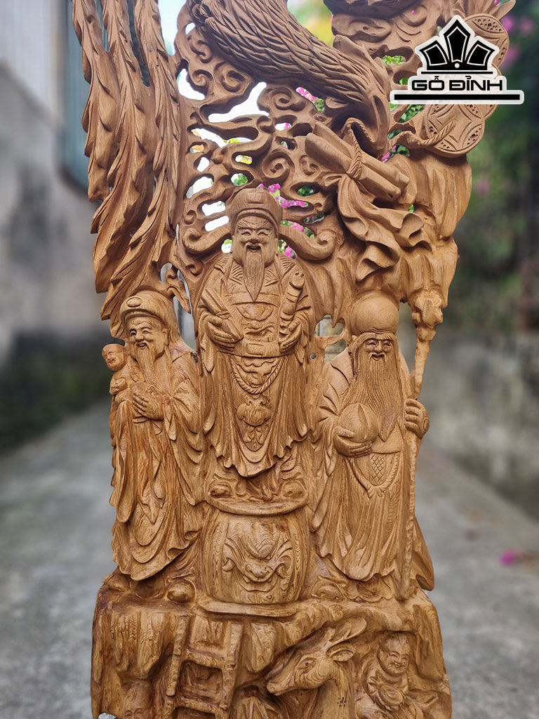 Tượng Phúc Lộc Thọ (Tam Đa) Gỗ Ngọc Am Cao 120 Ngang 51 Sâu 14 (cm)