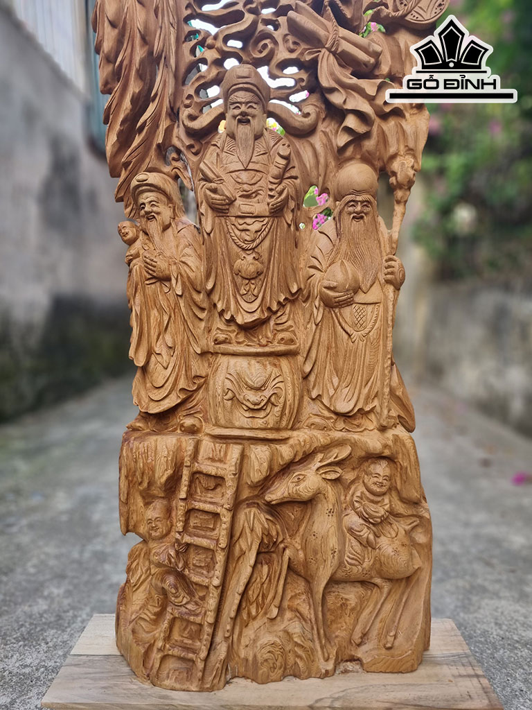 Tượng Phúc Lộc Thọ (Tam Đa) Gỗ Ngọc Am Cao 120 Ngang 51 Sâu 14 (cm)