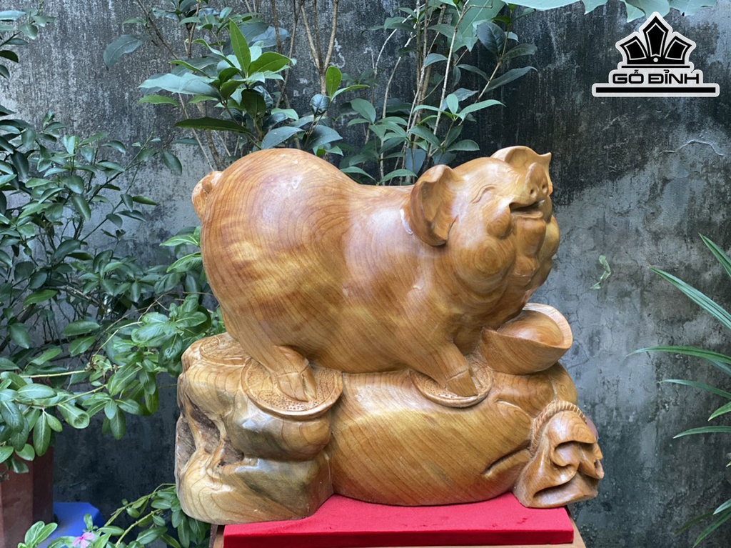 Tượng Heo Gỗ Ngọc Am Cao 20 Ngang 40 Sâu 31 (cm)