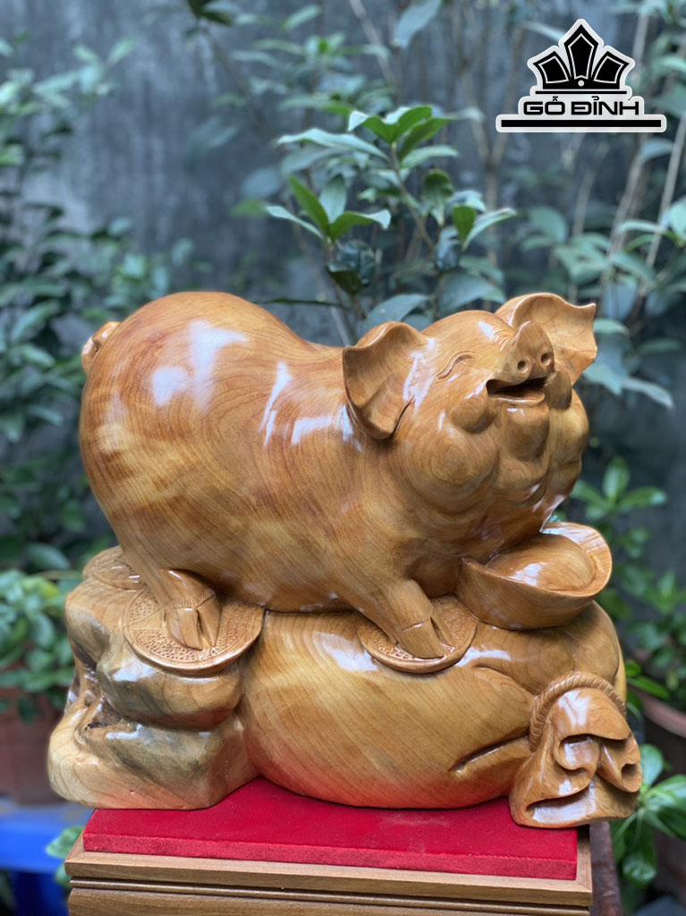 Tượng Heo Gỗ Ngọc Am Cao 31 Ngang 40 Sâu 20 (cm)