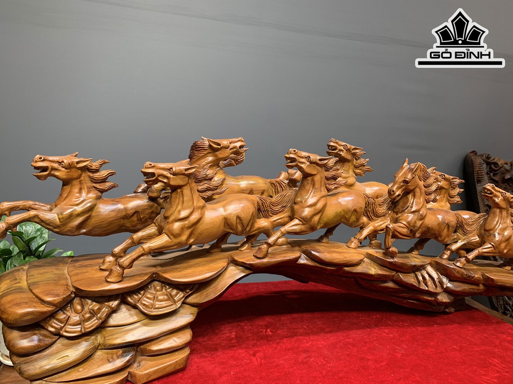 Tượng Bát Mã Truy Phong Gỗ Ngọc Am Cao 32 Ngang 100 Sâu 20 (cm)