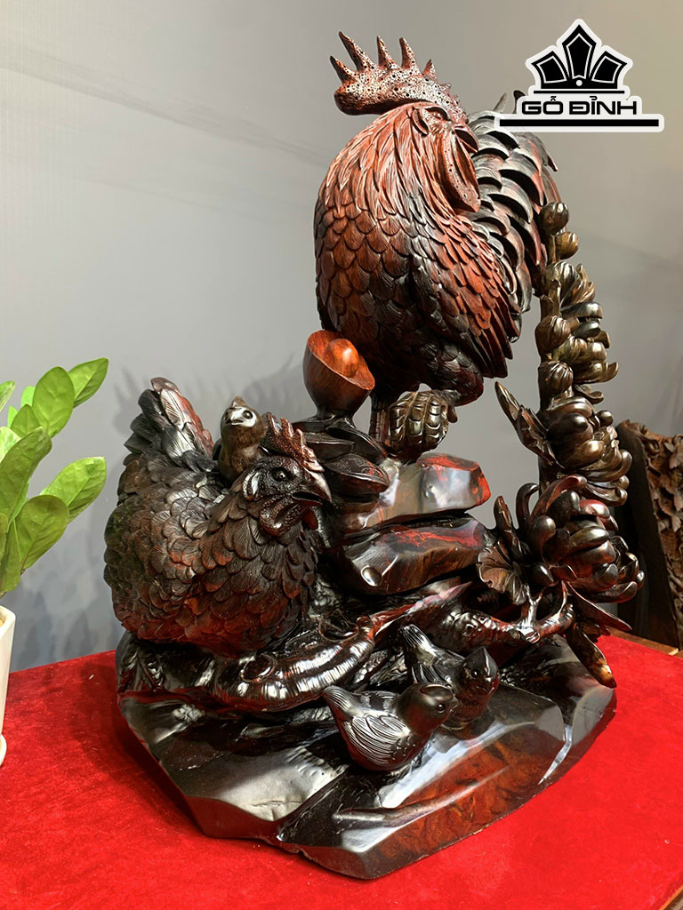 Tượng Gia Đình Gà Gỗ Trắc Cao 58 Ngang 46 Sâu 23 (cm)