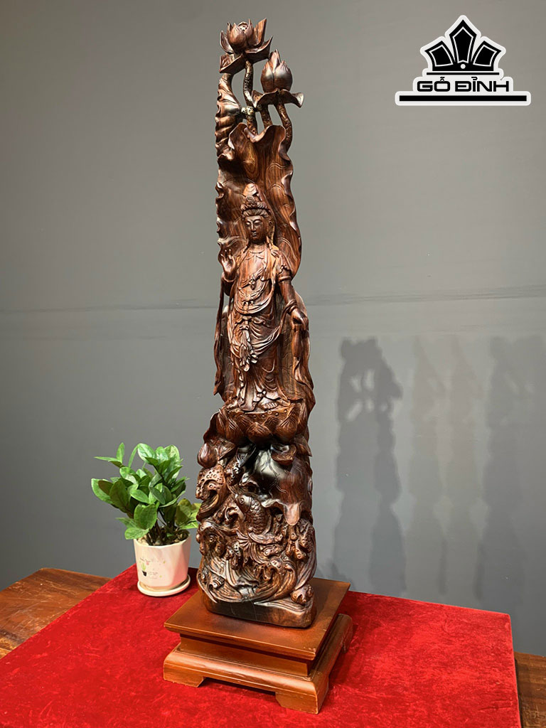Tượng Phật Bà Quan Âm Gỗ Cẩm Cao 92 Ngang 22 Sâu 20 (cm)