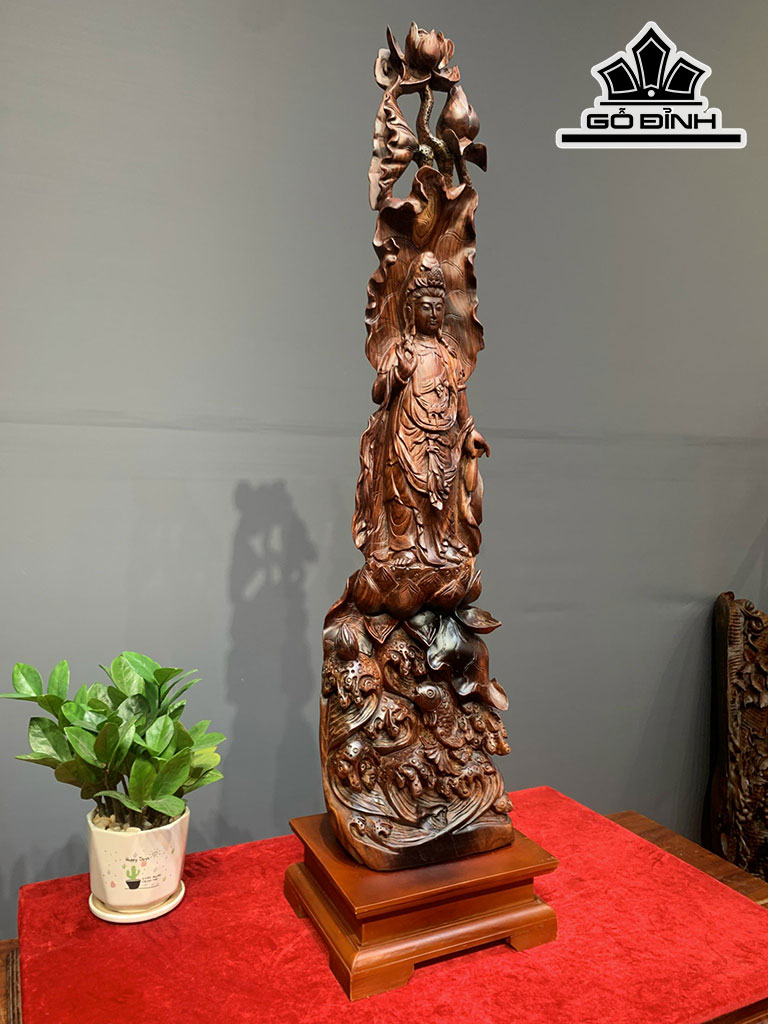 Tượng Phật Bà Quan Âm Gỗ Cẩm Cao 92 Ngang 22 Sâu 20 (cm)