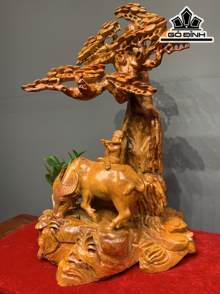 Tượng Tiểu Đồng Chăn Trâu Dưới Cây Tùng Gỗ Hương Cao 75 Ngang 46 Sâu 35 (cm)