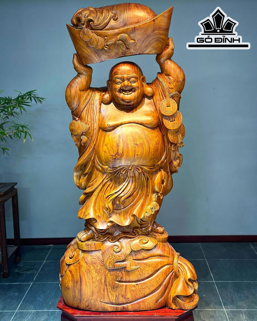 Tượng Phật Di Lặc Bê Bát Vàng Gỗ Hương Cao 145 Ngang 68 Sâu 33 (cm)