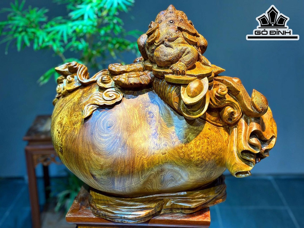 Tượng Song Cóc Trấn Chum Tiền Gỗ Nu Hương Cao 41 Ngang 52 Sâu 43 (cm)