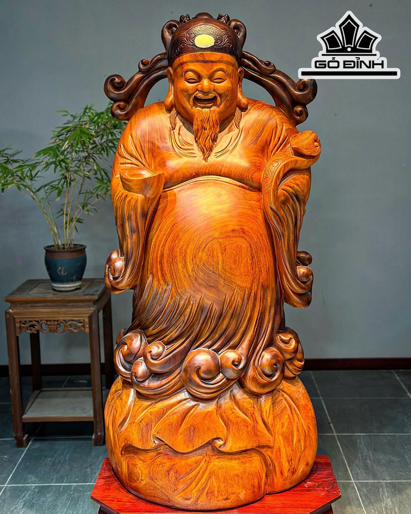 Tượng Thần Tài Gõ Cửa Gỗ Hương Cao 133 Ngang 62 Sâu 28 (cm)