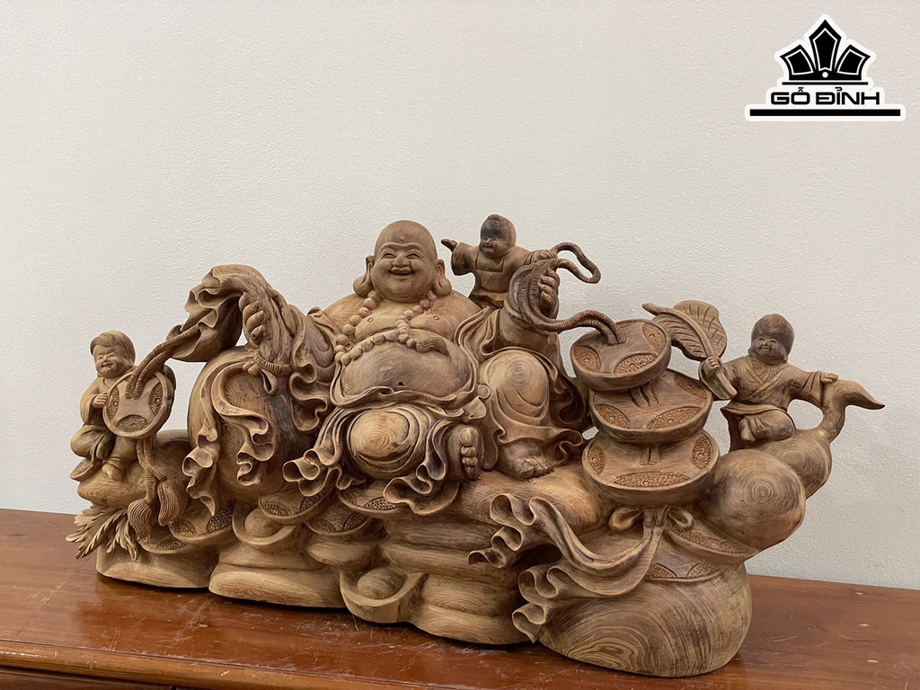 Tượng Phật Di Lặc Tam Phúc Gỗ Ngọc Am Cao 35 Ngang 72 Sâu 20 (cm)