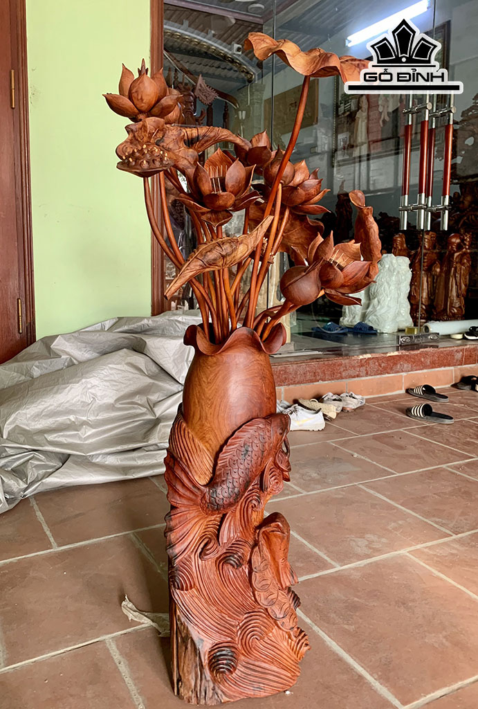 Bình Sen Tam Ngư Gỗ Hương Cao 117 Ngang 38 Sâu 30 (cm)