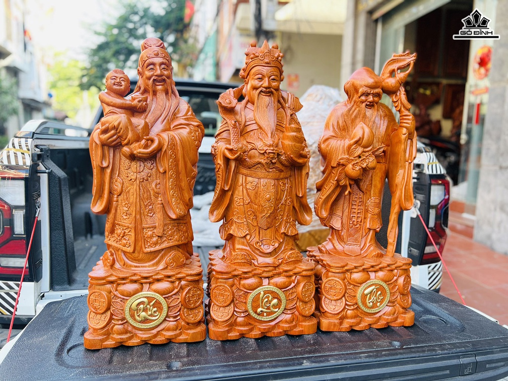 Tượng Phúc Lộc Thọ (Tam Đa) Gỗ Hương Cao 80 Ngang 30 Sâu 22 (cm)