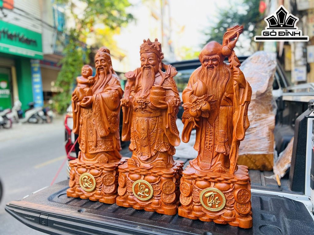 Tượng Phúc Lộc Thọ (Tam Đa) Gỗ Hương Cao 80 Ngang 30 Sâu 22 (cm)