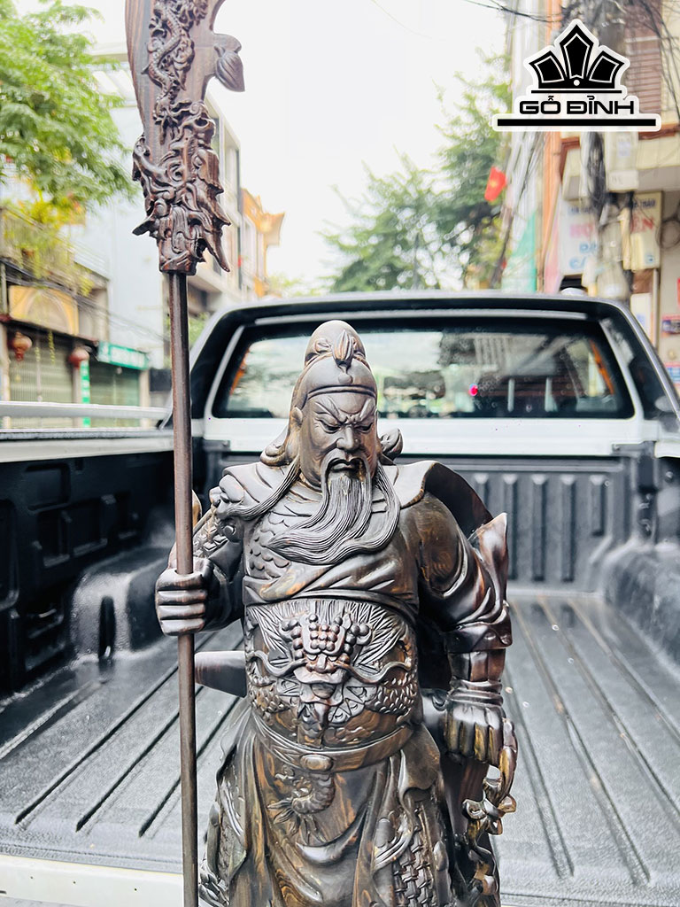 Tượng Quan Công Chống Đao Gỗ Mun Hoa Cao 60 Ngang 21 Sâu 15 (cm)