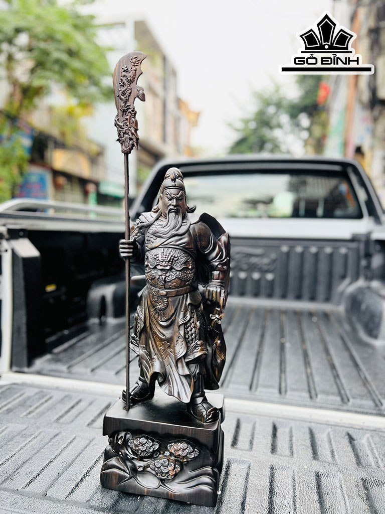 Tượng Quan Công Chống Đao Gỗ Mun Hoa Cao 60 Ngang 21 Sâu 15 (cm)