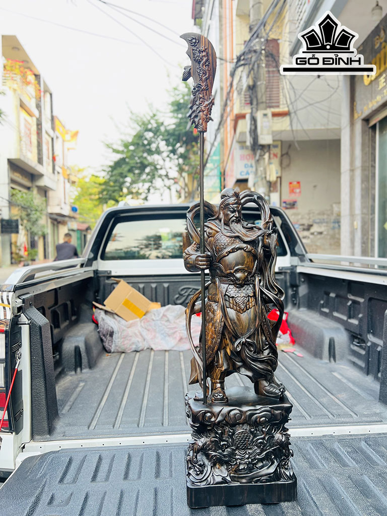Tượng Quan Công Hổ Phù Gỗ Mun Hoa Cao 80 Ngang 28 Sâu 16 (cm)
