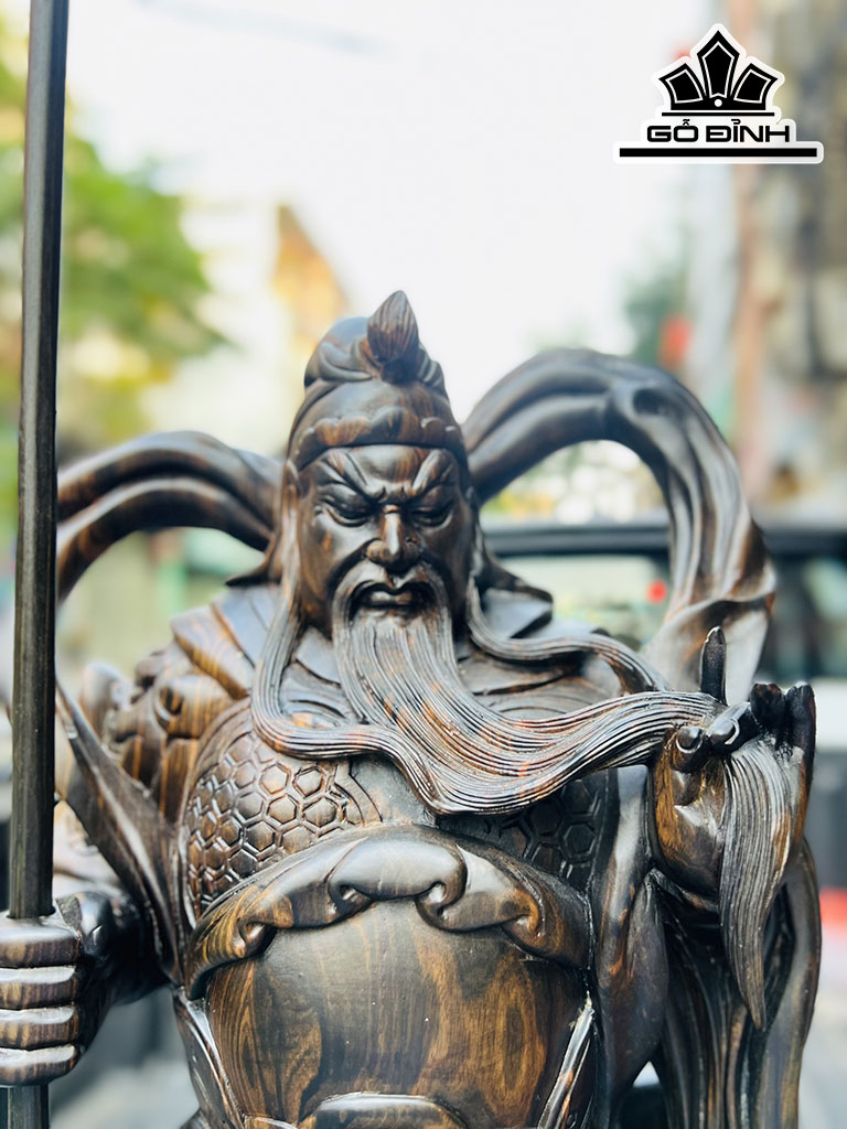 Tượng Quan Công Hổ Phù Gỗ Mun Hoa Cao 80 Ngang 28 Sâu 16 (cm)