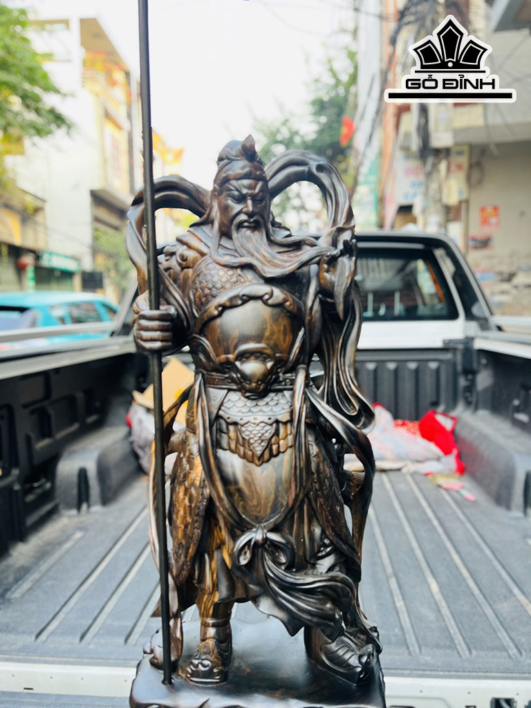 Tượng Quan Công Hổ Phù Gỗ Mun Hoa Cao 80 Ngang 28 Sâu 16 (cm)