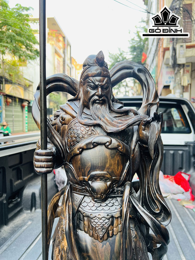 Tượng Quan Công Hổ Phù Gỗ Mun Hoa Cao 80 Ngang 28 Sâu 16 (cm)