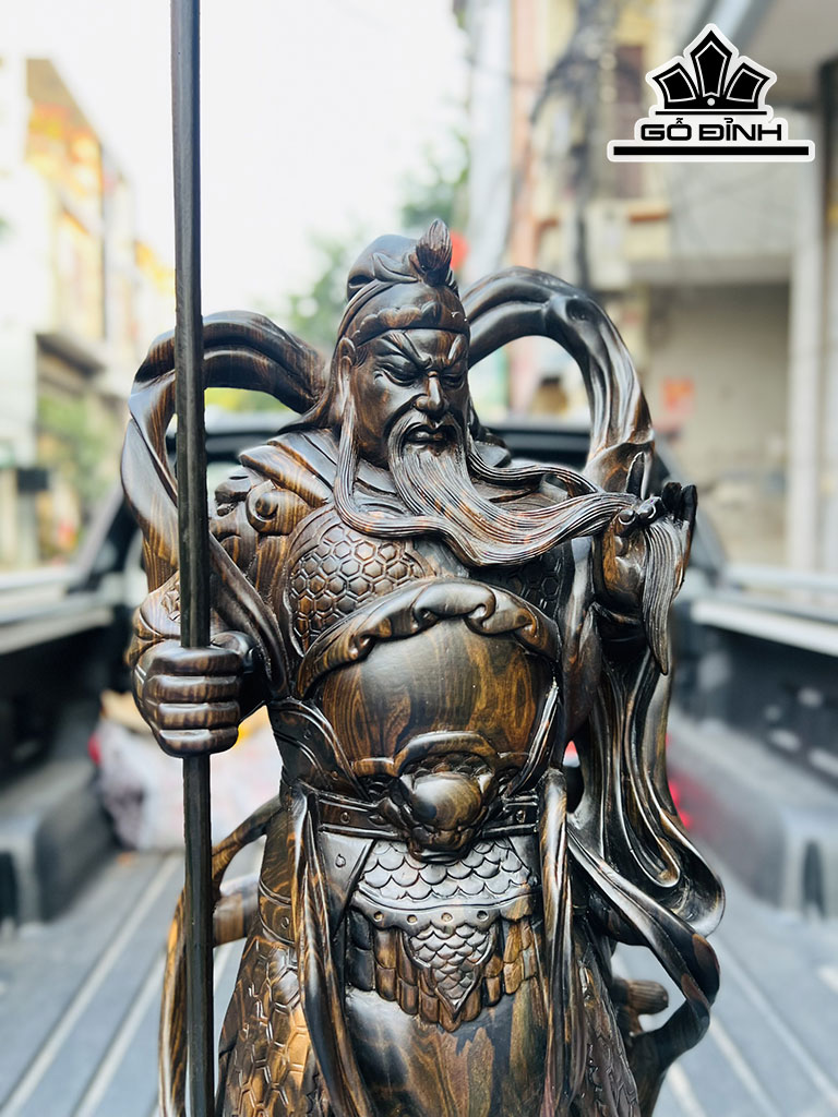 Tượng Quan Công Hổ Phù Gỗ Mun Hoa Cao 80 Ngang 28 Sâu 16 (cm)