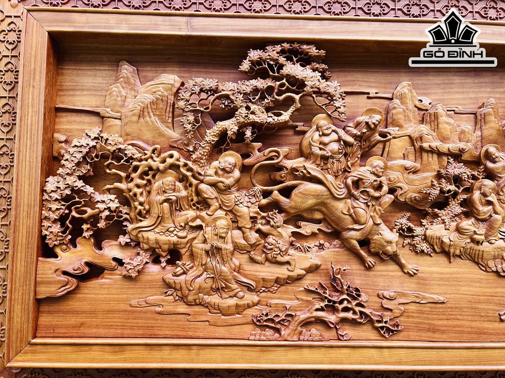 Tranh Thập Bát La Hán Gỗ Hương Cao 96 Ngang 231 Dày 7 (cm)