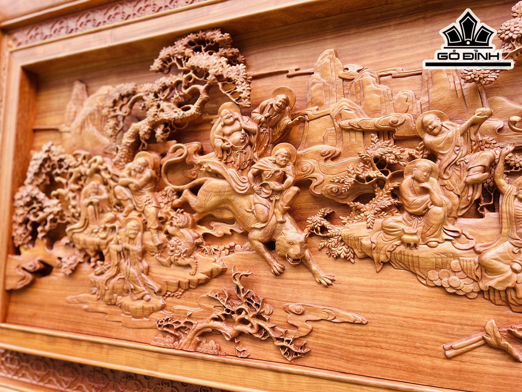 Tranh Thập Bát La Hán Gỗ Hương Cao 96 Ngang 231 Dày 7 (cm)