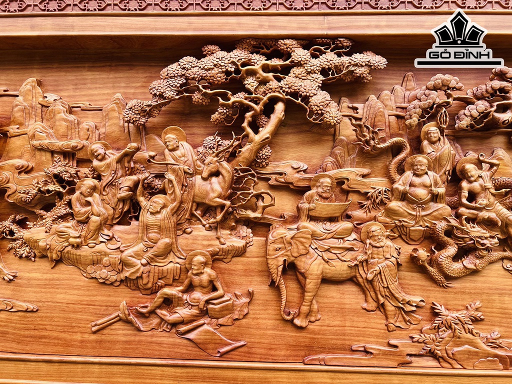 Tranh Thập Bát La Hán Gỗ Hương Cao 96 Ngang 231 Dày 7 (cm)