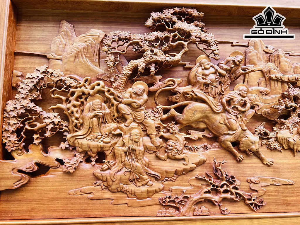 Tranh Thập Bát La Hán Gỗ Hương Cao 96 Ngang 231 Dày 7 (cm)