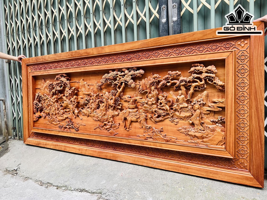 Tranh Thập Bát La Hán Gỗ Hương Cao 96 Ngang 231 Dày 7 (cm)