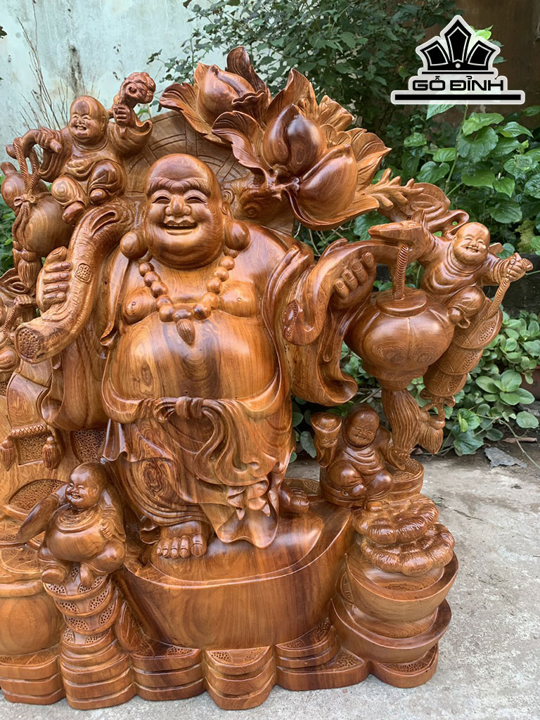 Tượng Phật Di Lặc Ngũ Phúc Gỗ Hương Cao 80 Ngang 70 Sâu 21 (cm)