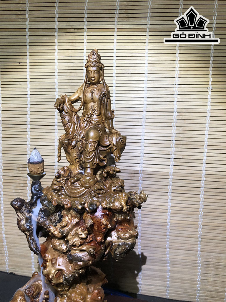 Tượng Quan Âm Tự Tại Gỗ Nu Trâm Vàng Cao 36 Ngang 16 Sâu 12 (cm)