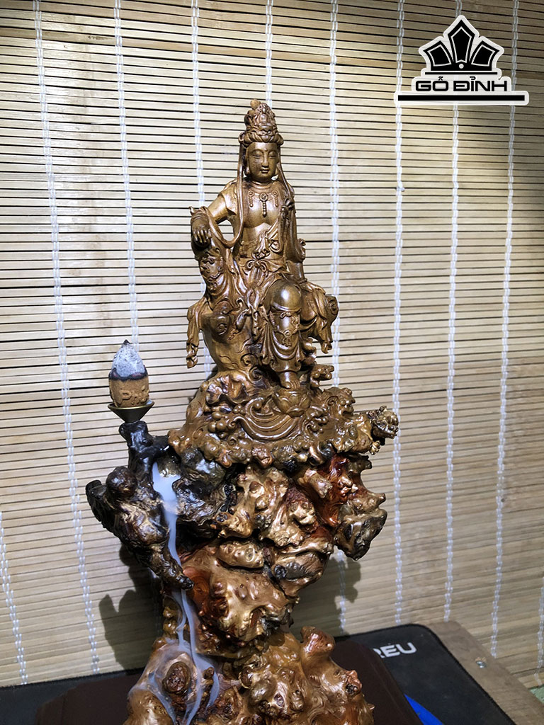Tượng Quan Âm Tự Tại Gỗ Nu Trâm Vàng Cao 36 Ngang 16 Sâu 12 (cm)