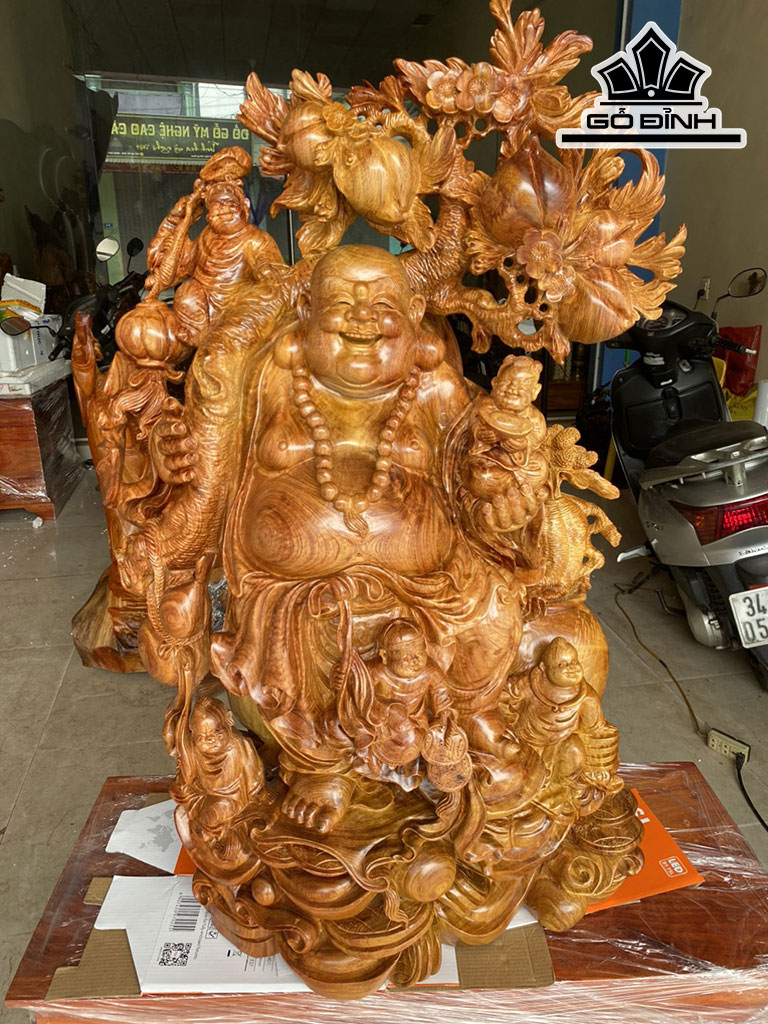 Tượng Phật Di Lặc Ngũ Phúc Vác Đào Gỗ Hương Cao 87 Ngang 54 Sâu 30 (cm)