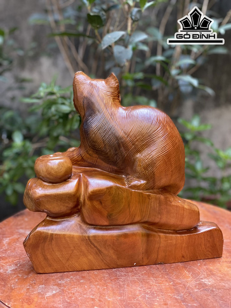Tượng Mèo Phong Thủy Gỗ Ngọc Am Cao 28 Ngang 30 Sâu 14 (cm)