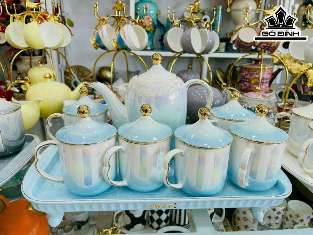 Bộ Ấm Chén Có Nắp Đậy Gốm Tàu