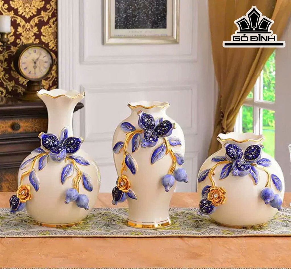 Bộ Bình Hoa Đắp Nổi Gốm Tàu