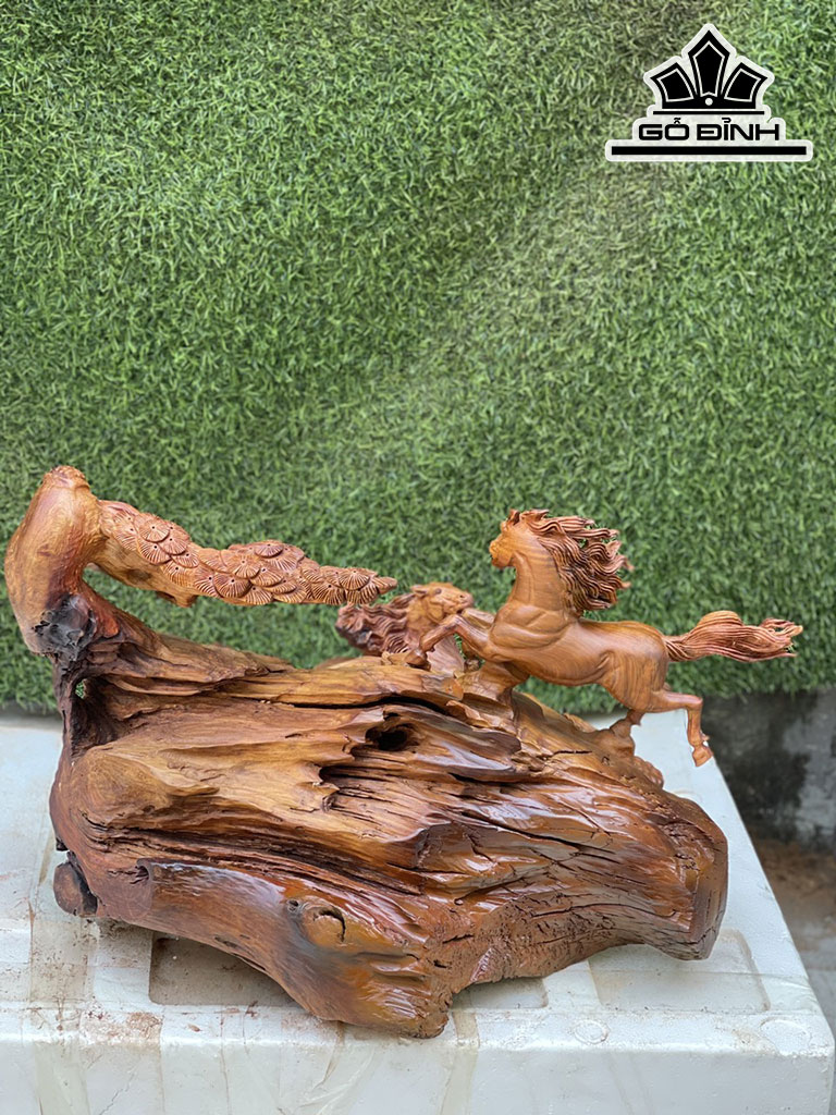 Tượng Song Mã Uyên Ương Gỗ Hương Cao 39 Ngang 60 Sâu 36 (cm)