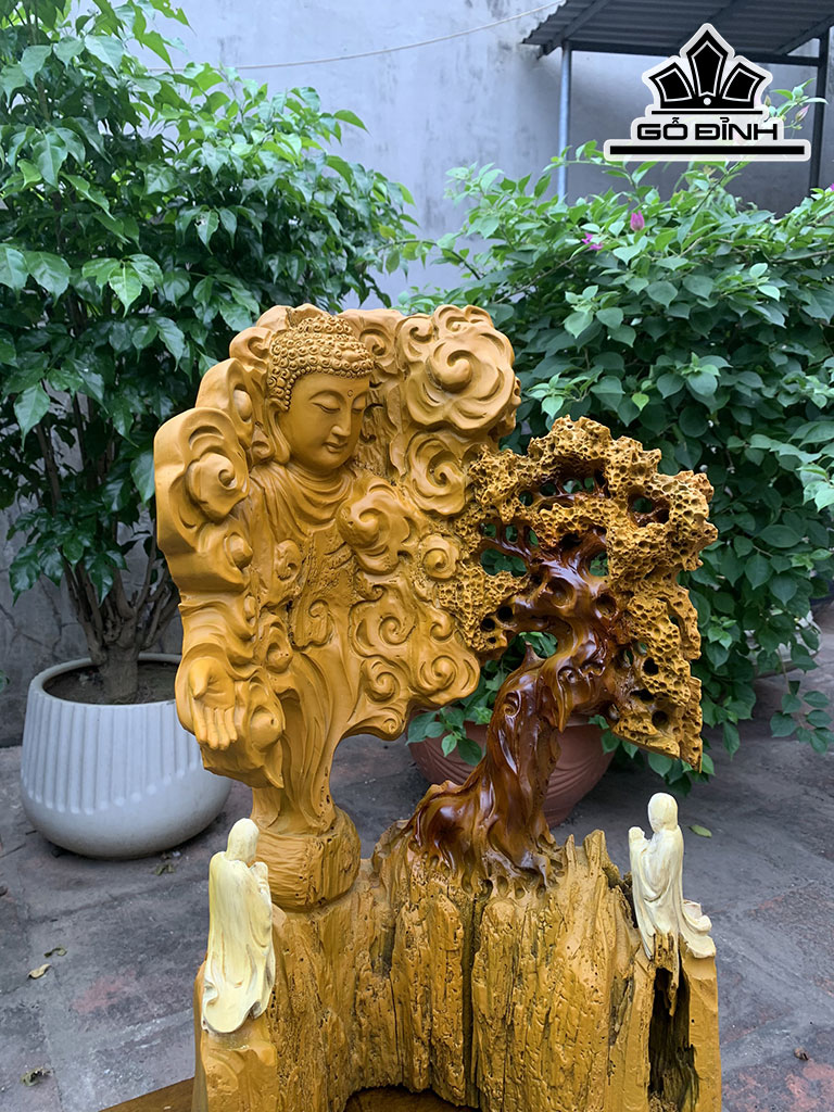 Tượng Nhất Tâm Bái Phất Gỗ Bách Xanh Cao 52 Ngang 31 Sâu 17 (cm)