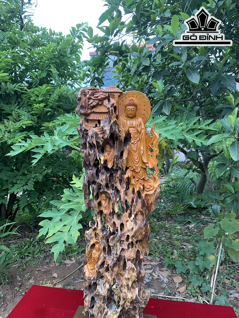 Tượng Nhất Tâm Bái Phật Gỗ Lũa Đinh Hương Cao 81 Ngang 30 Sâu 14 (cm)