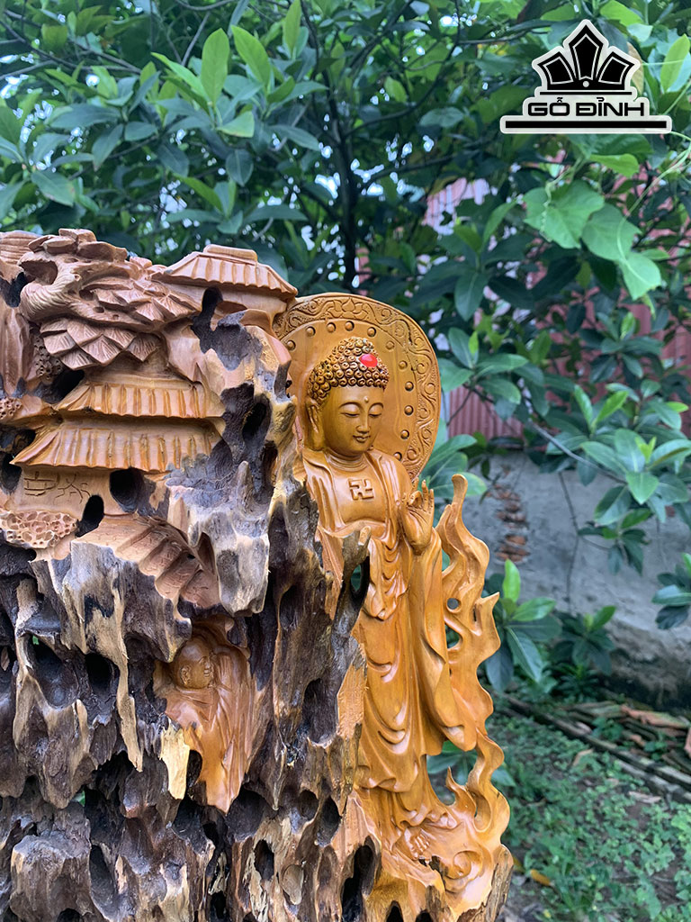 Tượng Nhất Tâm Bái Phật Gỗ Lũa Đinh Hương Cao 81 Ngang 30 Sâu 14 (cm)