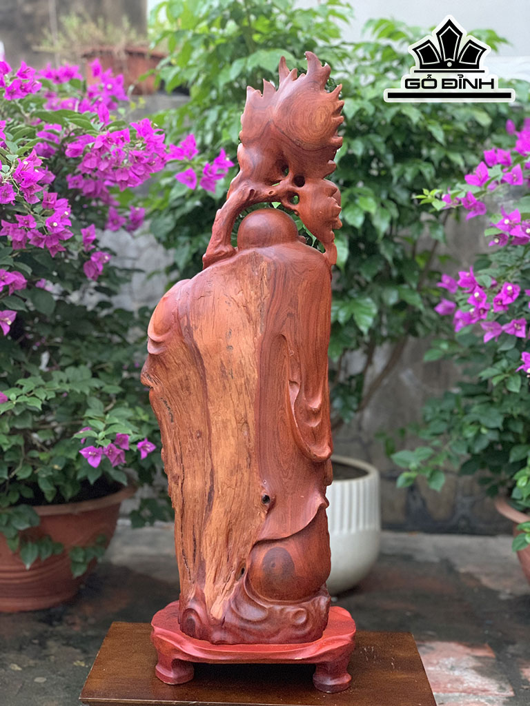 Tượng Phật Di Lặc Vác Cành Đào Gỗ Hương Cao 67 Ngang 25 Sâu 16 (cm)