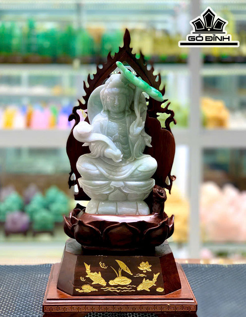 Tượng Phật Bà Tọa Đài Sen Đá Cẩm Thạch Cao 39 Ngang 19 (cm) 3,6kg
