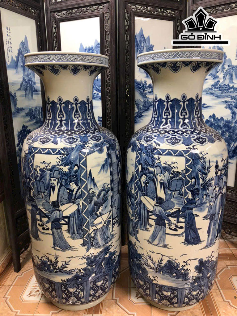 Đôi Bình Vẽ Tràm Vinh Quy Bái Tổ Gốm Giang Tô Cao 127 Đường Kính Bụng 160 (cm)