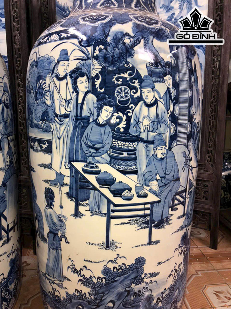 Đôi Bình Vẽ Tràm Vinh Quy Bái Tổ Gốm Giang Tô Cao 127 Đường Kính Bụng 160 (cm)