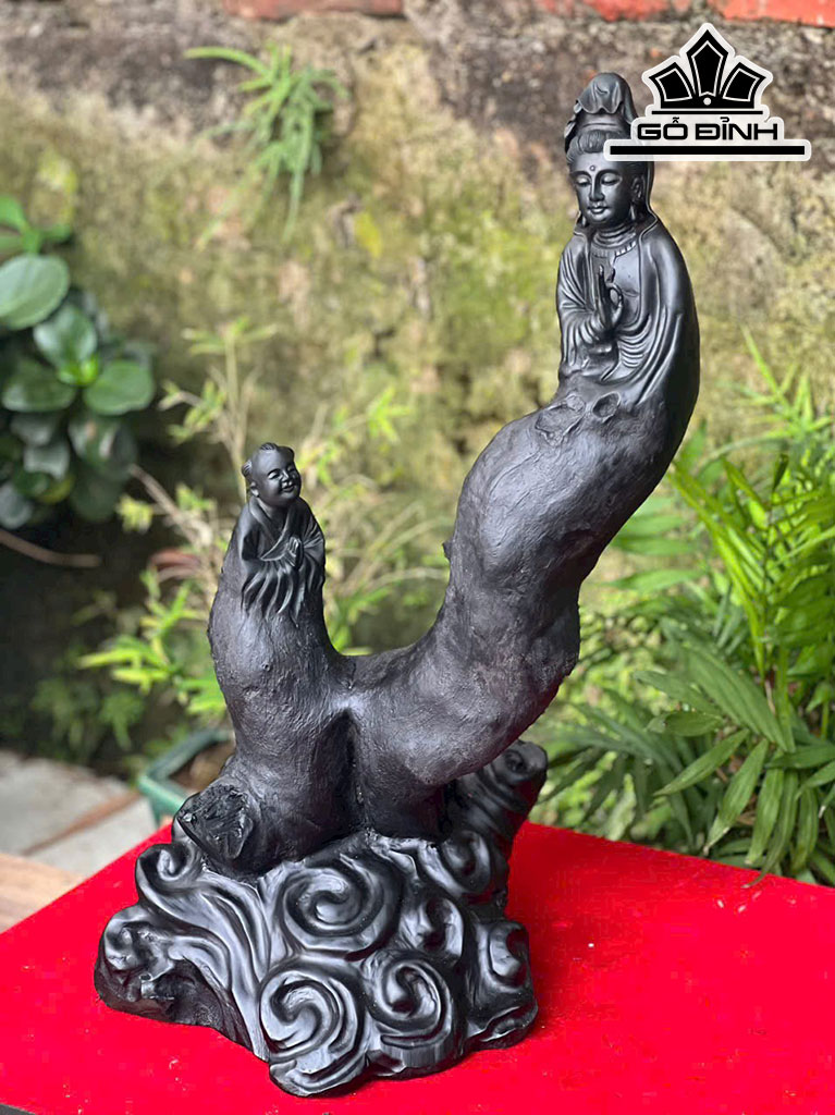 Tượng Phật Bà Quan Âm Gỗ Mun Sừng Cao 52 Ngang 25 Sâu 20 (cm)