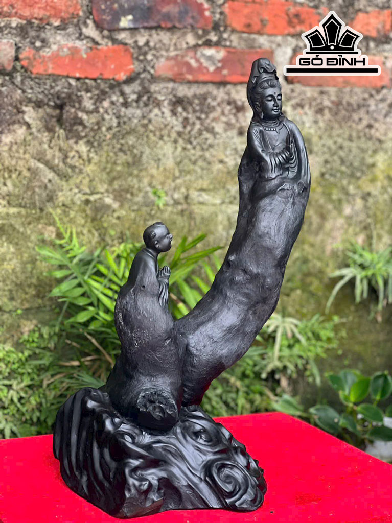 Tượng Phật Bà Quan Âm Gỗ Mun Sừng Cao 52 Ngang 25 Sâu 20 (cm)